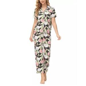 Echo Women's 2 Piece Printed Short Sleeve Notch Top with Pants Pj Set - Floral S